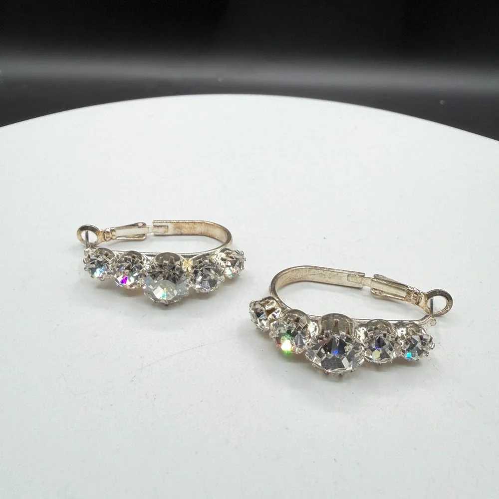 Rhinestone Hoop Earrings Silver Tone Clear Crystal Statement Wedding Glam Gift